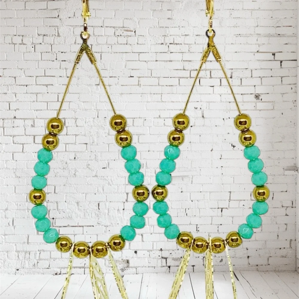 BOUTIQUE Gold and Turquoise Beaded Hoop Earrings, Classy, Dainty, Summer Dangles - Picture 9 of 9